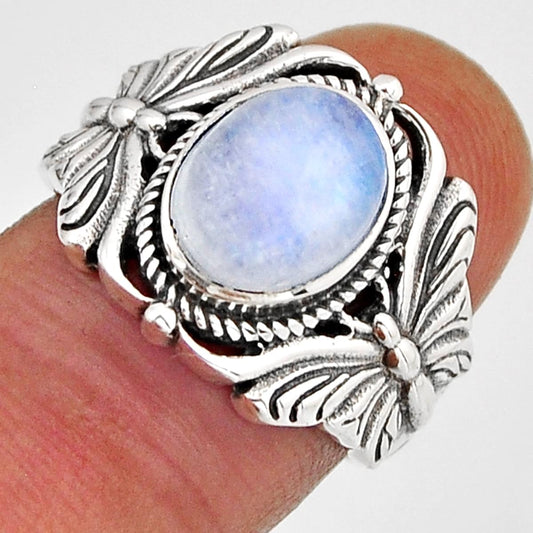 Solitaire rainbow moonstone oval silver butterfly ring size 7.5