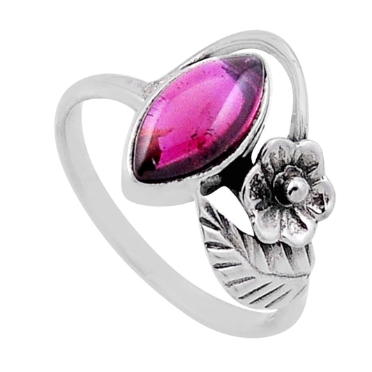 solitaire red garnet marquise silver flower with leaf ring size 6