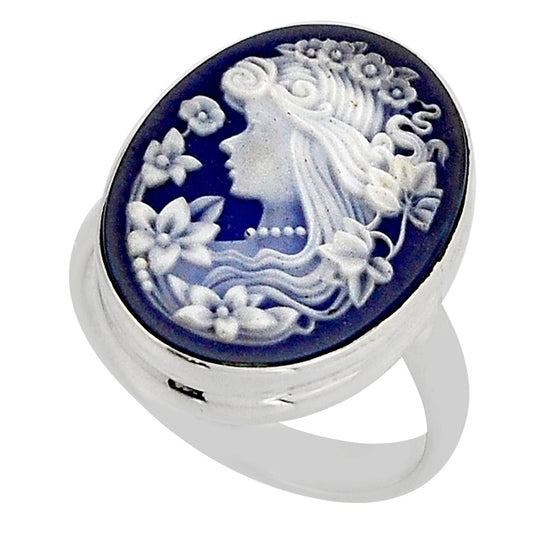 solitaire white lady flower cameo 925 silver ring size 7.5