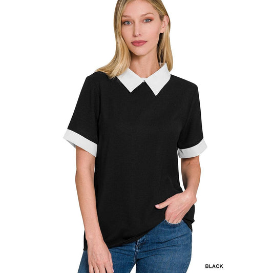 WOVEN COLORBLOCK CONTRAST COLLAR BLOUSE