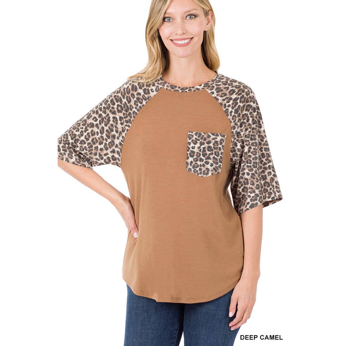 LEOPARD RAGLAN SLEEVE PATCH POCKET TOP